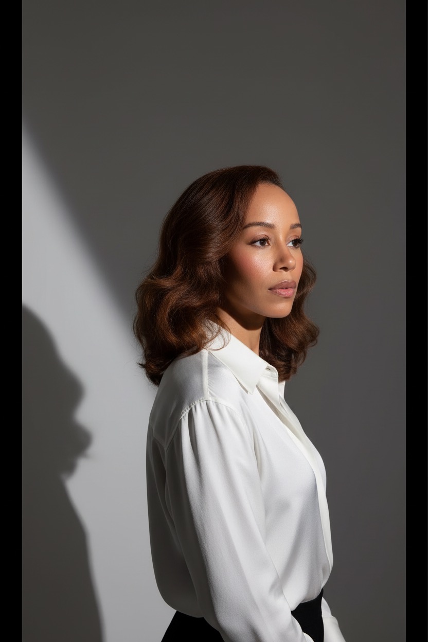 Jazmin Alvarez in profile wearing an ivory silk blouse