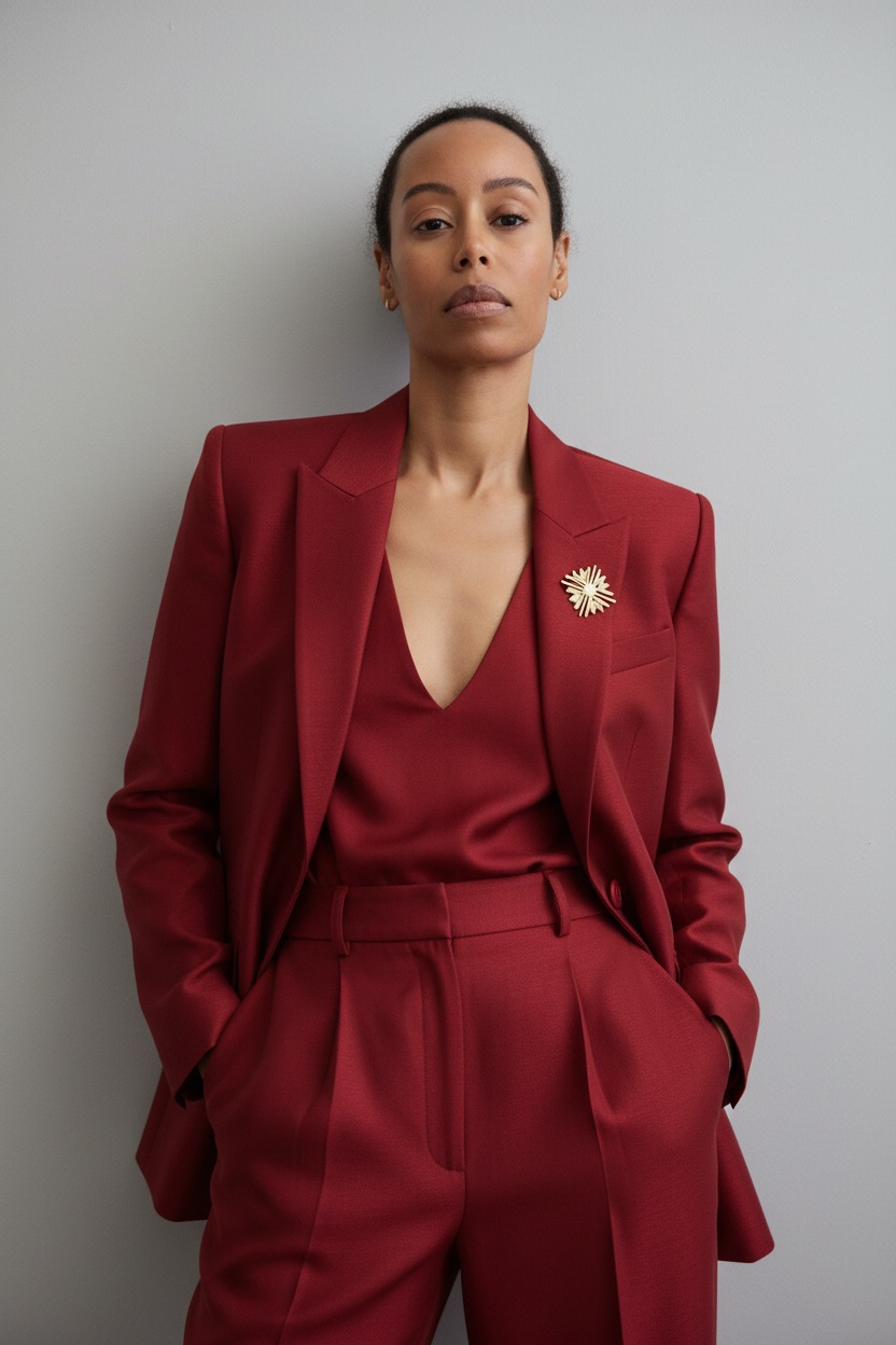 Jazmin Alvarez in a deep red tailored suit with a gold starburst brooch