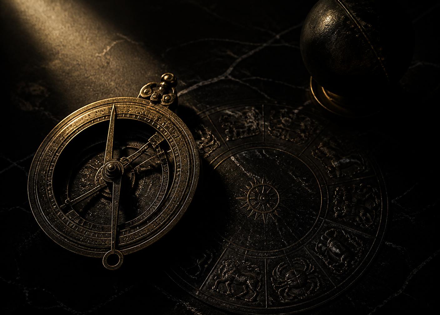 Antique brass astrolabe and engraved zodiac dial on black marble